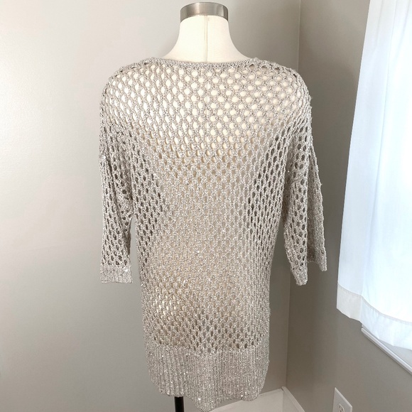 Joseph Ribkoff metallic sequined openwork tunic sweater in champagne - Size L - Picture 3 of 11